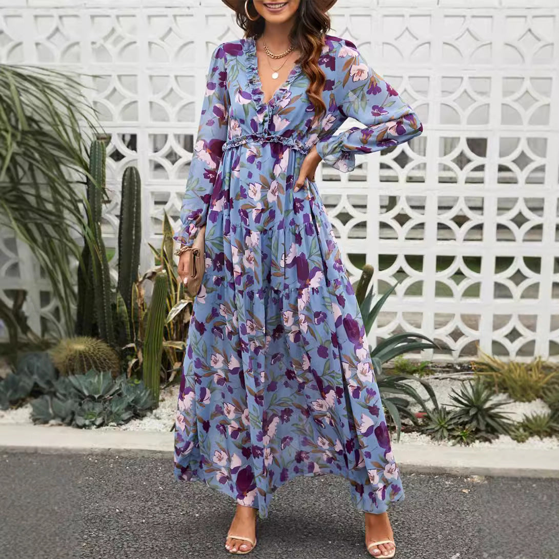 Women's Ruffled Layered Long Sleeve Dress Floral Pullover
