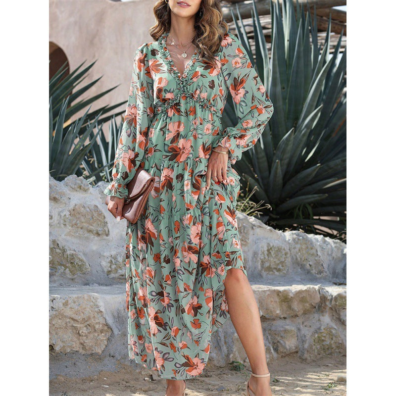 Women's Ruffled Layered Long Sleeve Dress Floral Pullover