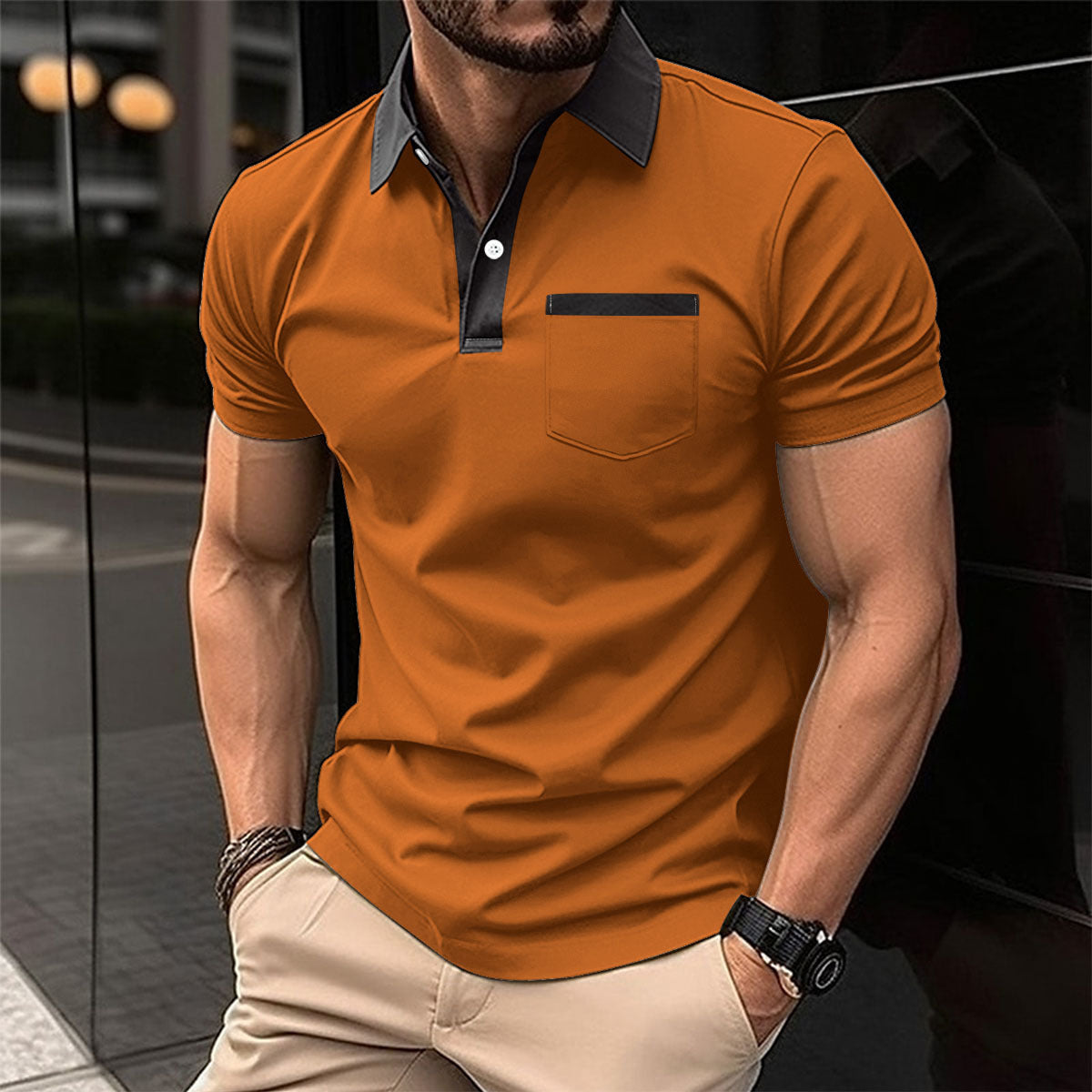 جيب على الصدر نحيف بأكمام قصيرة للرجال