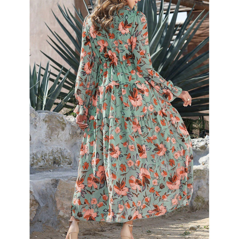 Women's Ruffled Layered Long Sleeve Dress Floral Pullover