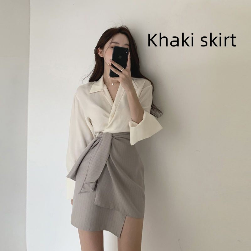Women's Shirt Fashion High Waist A- Line Skirt Slimming Two-piece Suit