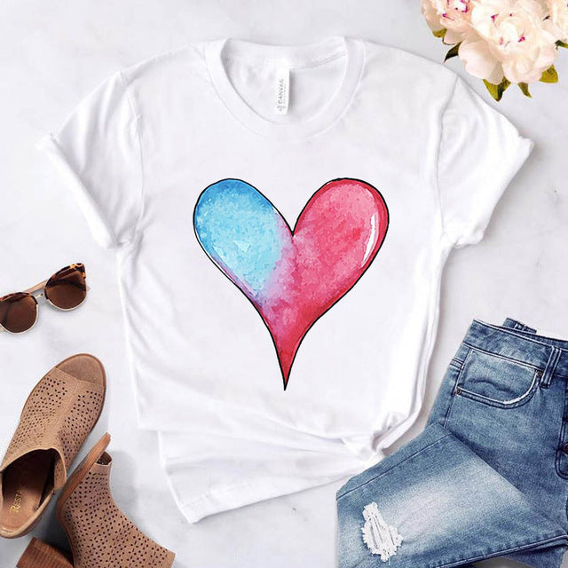 Women's Heart-shaped Flower Print Round Neck Short Sleeve