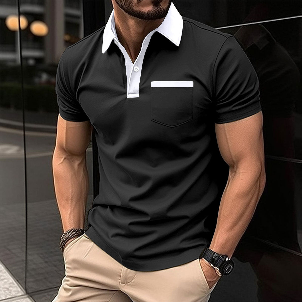 جيب على الصدر نحيف بأكمام قصيرة للرجال