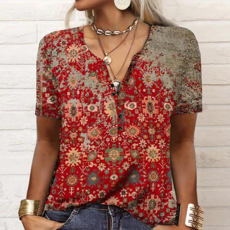 Camiseta étnica de moda con estampado de manga corta para mujer