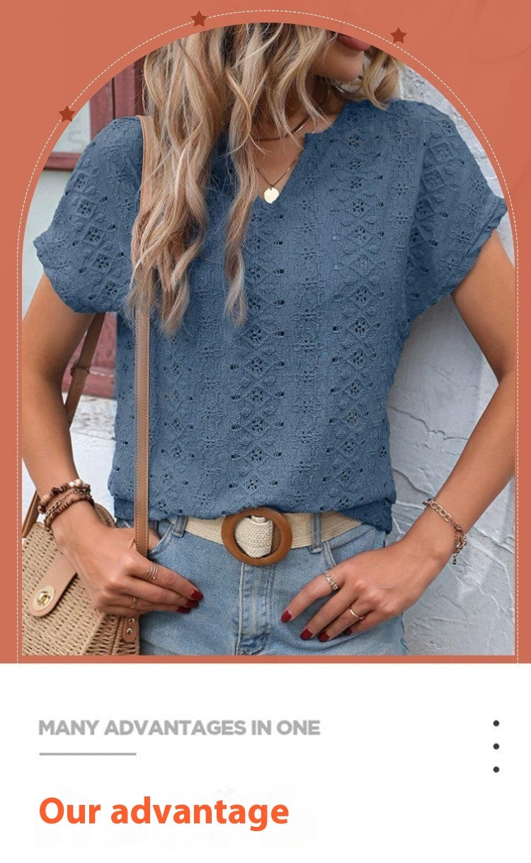 Camiseta informal de manga corta con escote en V calado y mangas cortas para mujer