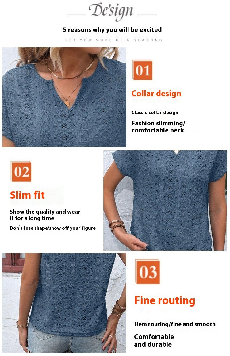 Camiseta informal de manga corta con escote en V calado y mangas cortas para mujer