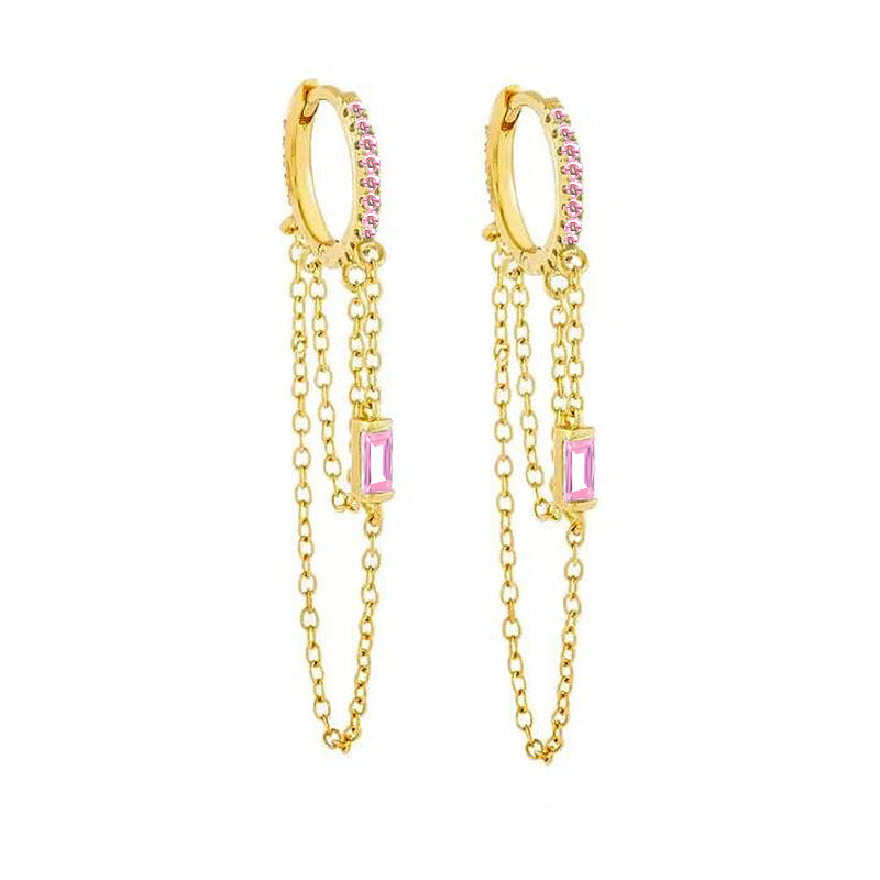 Silver Needle Chain Tassel Design Micro-inlaid Color Zircon EAll-match Earrings