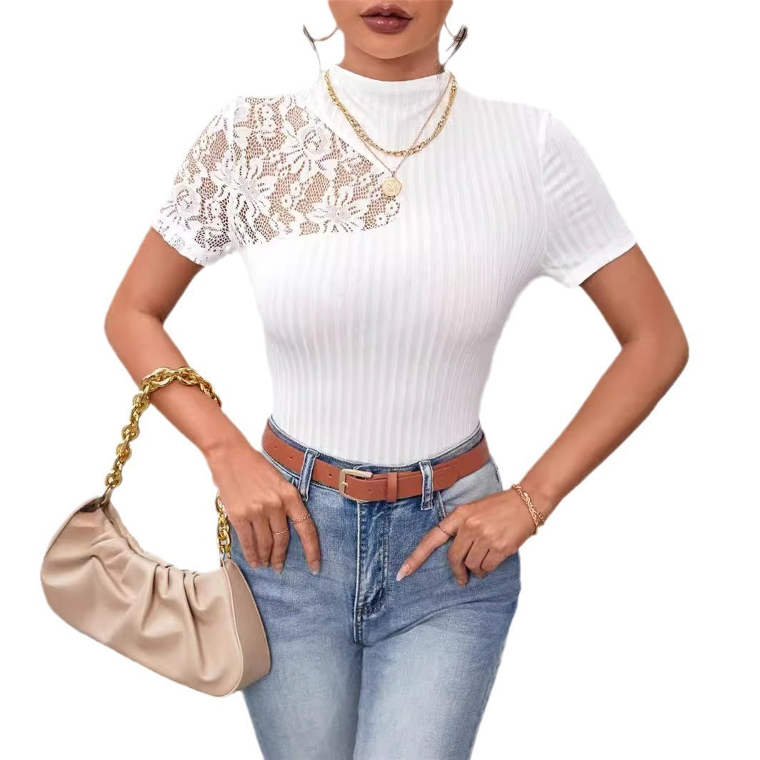 تي شيرت نسائي قصير الأكمام من الدانتيل المرقعة بقصّة Slim-fit لتخسيس الجسم