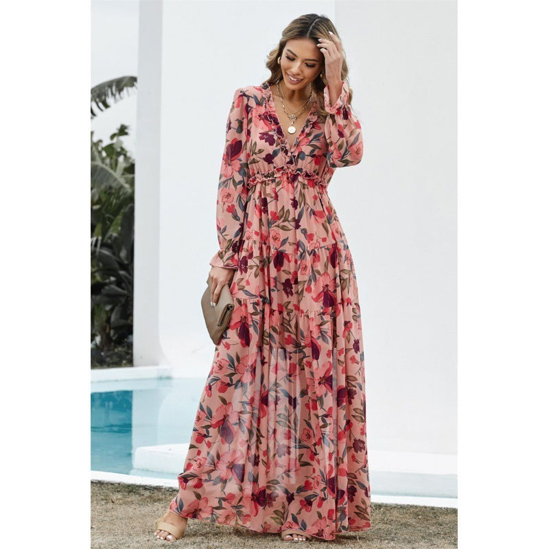 Women's Ruffled Layered Long Sleeve Dress Floral Pullover