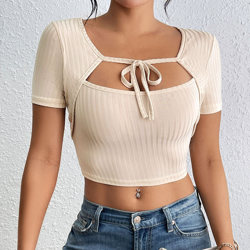 Blusa de cuello cuadrado con cordones y canalé de rayas hundidas para mujer