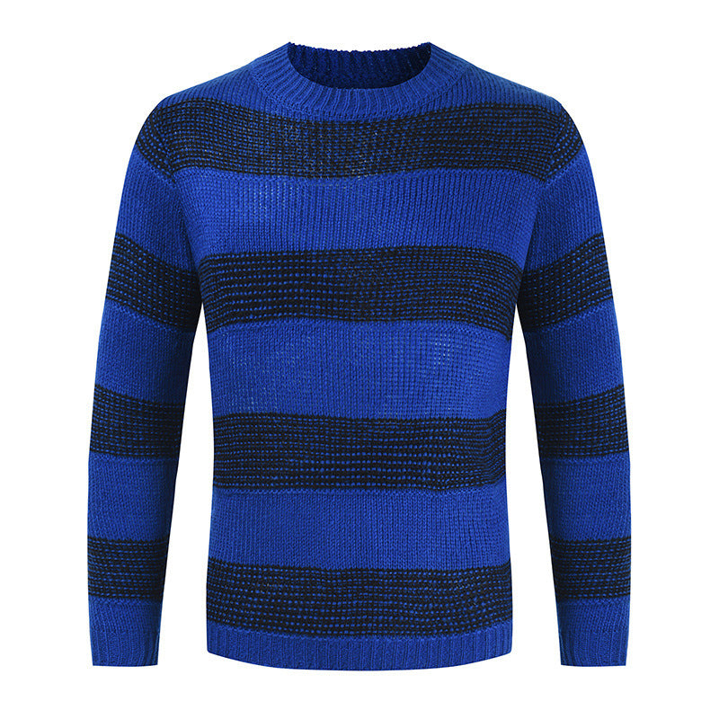 Round Neck Color Block Knitted Striped Sweater