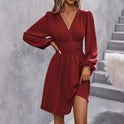 Diagonal Collar Lantern Sleeve Pleated Waist Dress