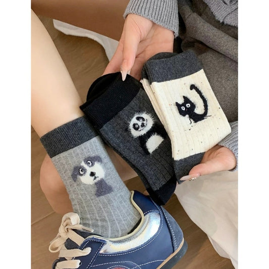 Cartoon NEPs Yarn Socks Women's Mid Tube Stockings Flocking Plush Spring And Autumn Cute Bunching Socks