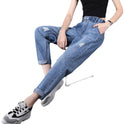 Thin Elastic High Waist Ripped Nine-point Radish Harem Pants