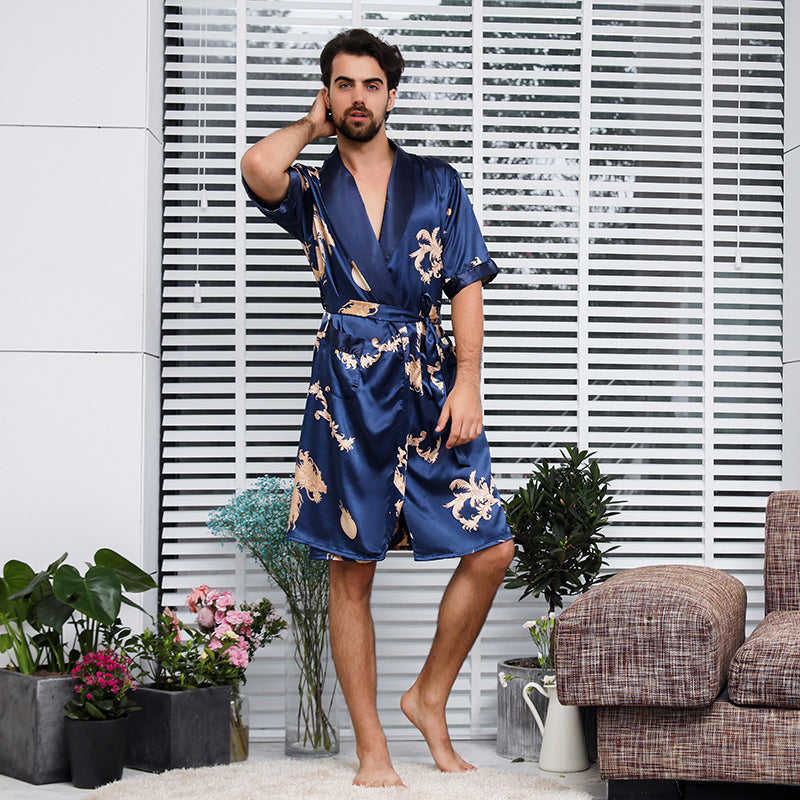 Two-piece Suit Of Dragon Pattern Bathrobe Silk Nightgown And Short Pajama Pants