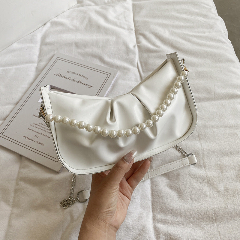 Pleated Solid Color Pearl Chain Underarm Bag