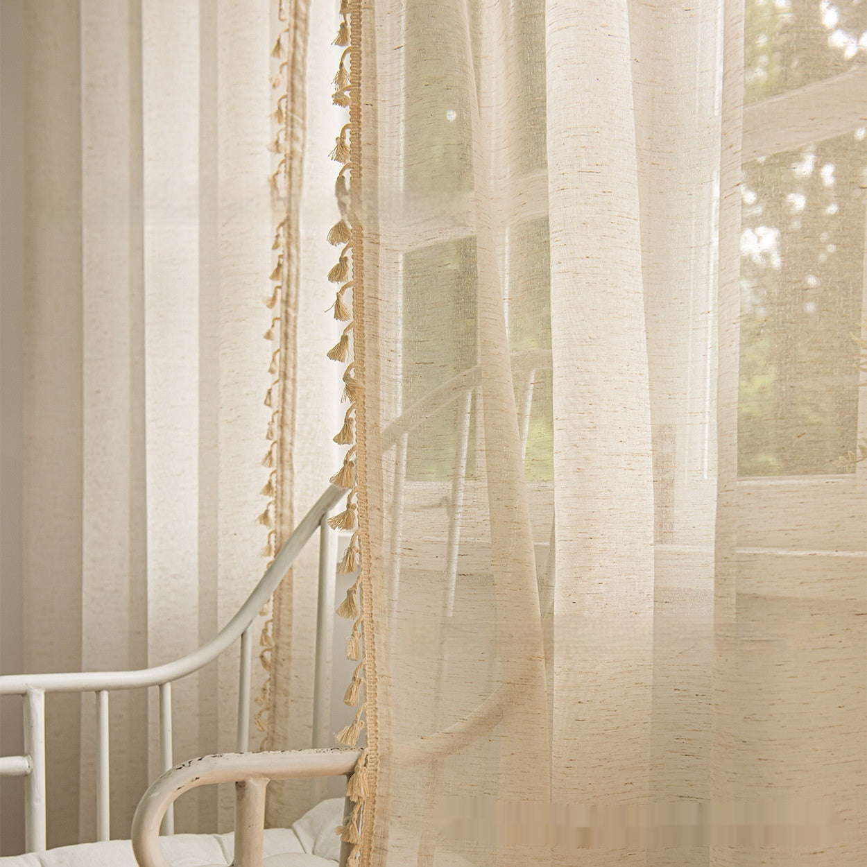 Bohemian Tassel Lace Cotton Linen Texture Transparent Curtain