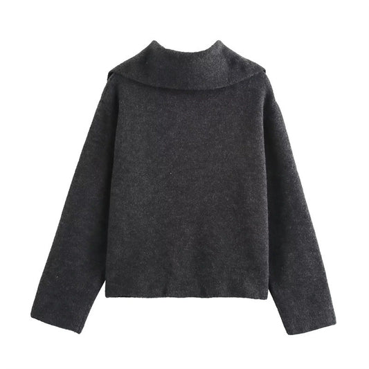 Simple Big Lapel Long Sleeve Pocket Pullover Sweater