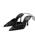 Black Sequined Stiletto  Strap Toe Pointed  Strappy Toe Shoes