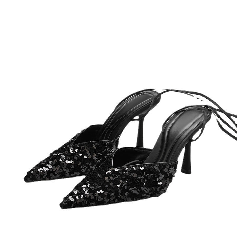 Black Sequined Stiletto  Strap Toe Pointed  Strappy Toe Shoes