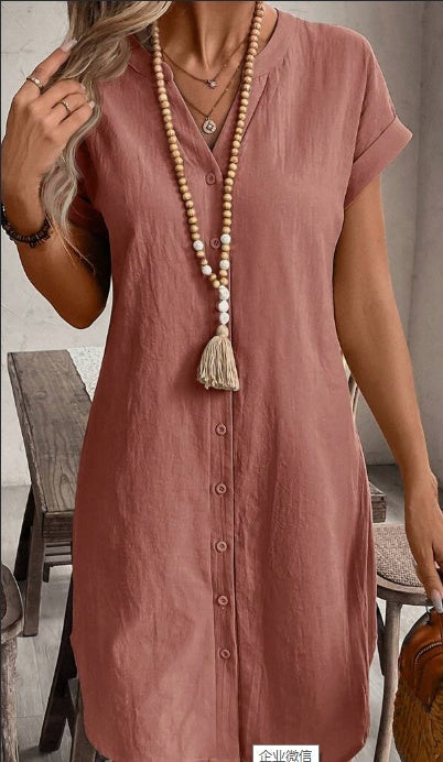 Solid Notched Button Front Batwing Sleeve Shirt Dress