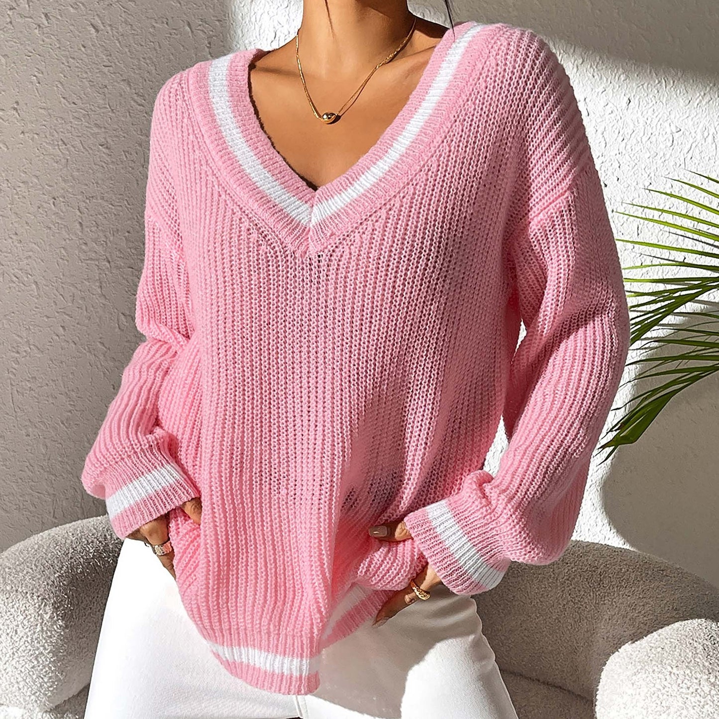 Women's Sweater Contrast Color V-neck Loose Sweater Casual