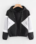 Women's Color Block Elastic Band Waist Hooded Jacket