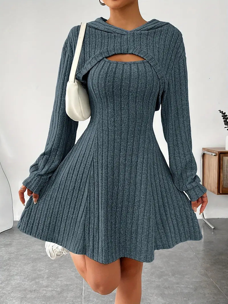 New Fashion Fall Winter Hooded Shawl Long-sleeved Vest Short Skirt Two-piece Set