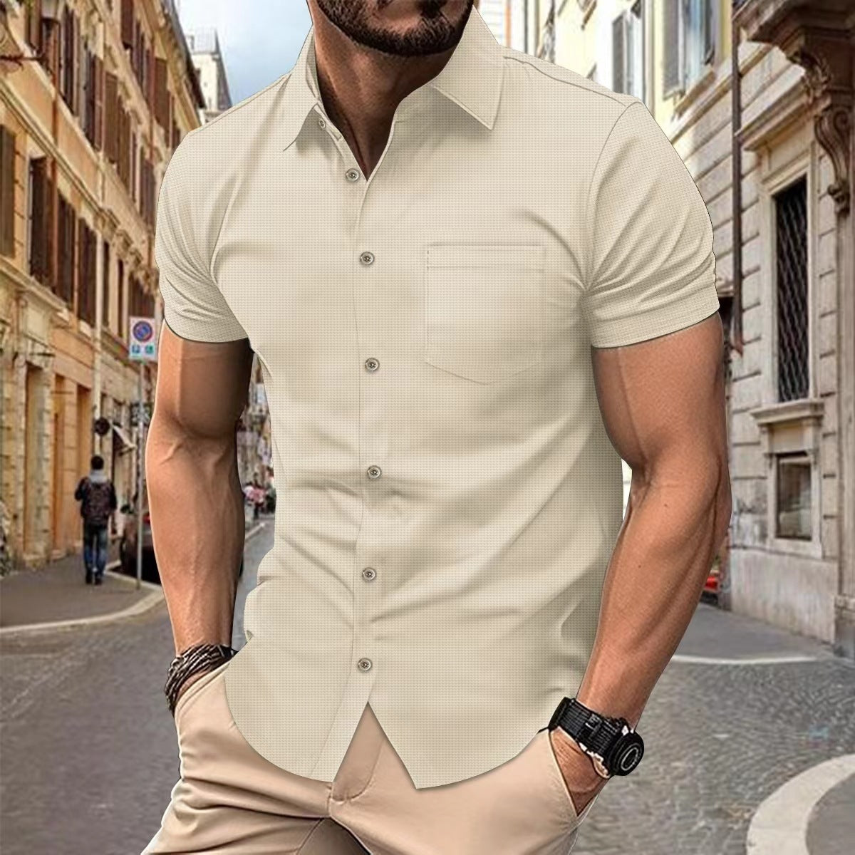 Chest Pocket Button Casual Short-sleeved Shirt