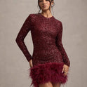 Women's Long Sleeve Sequined Feather Dress Round Neck