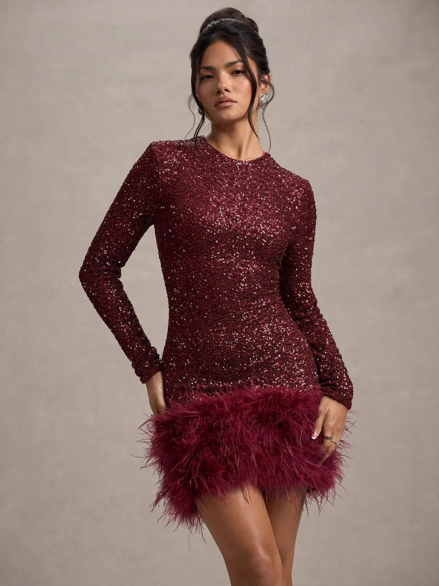 Women's Long Sleeve Sequined Feather Dress Round Neck