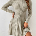 Half Turtleneck Solid Color Rib Fabric Long Sleeve Dress Women