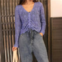 Women's V-neck Long Sleeve Top Loose Hollow Sweater