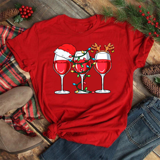 Christmas Wine Glasses Men And Women Couple Red T-shirt