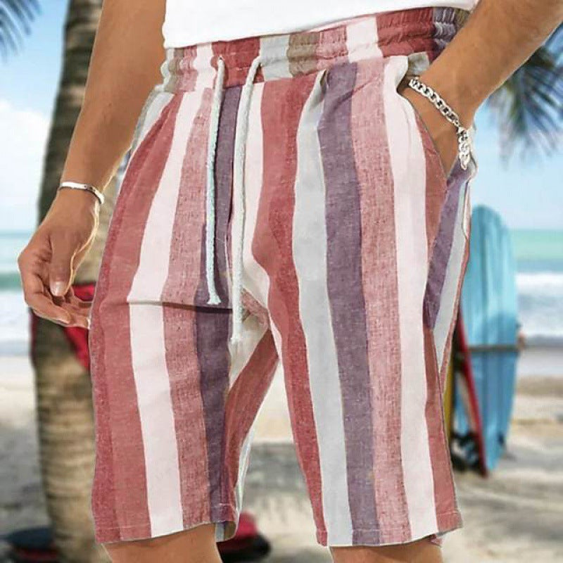 Men's Beach Drawstring Shorts Striped 3D Printing European And American