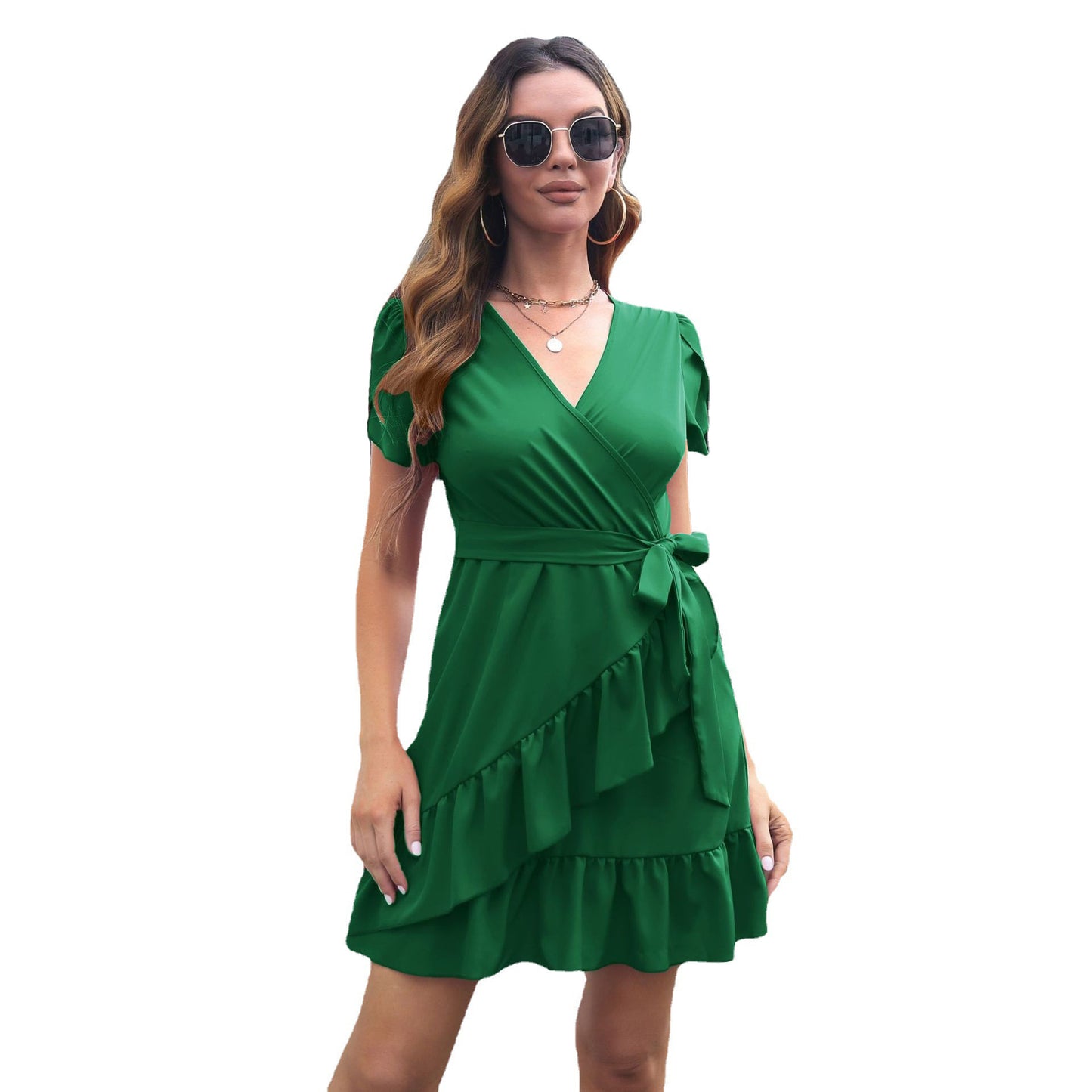 Ruffled Skirt Petal Sleeve V-neck Dress Women