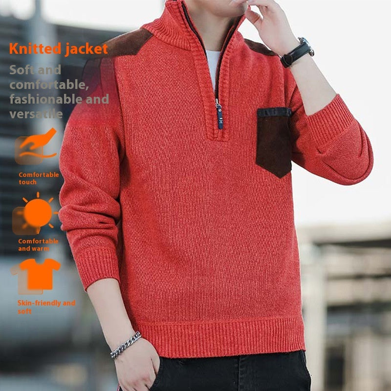 Men's Half Turtleneck Zipper Thick Needle Sweater Fashion