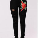 Women's Fashion Embroidery Ripped Black Denim Elastic Pants