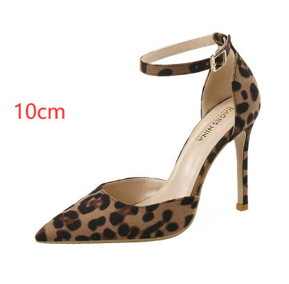 European And American Hollowed Sandals Women's Word With Pointed Toe Stiletto Leopard Print