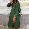 New Women Turn-down Collar Green Long Sleeve Solid Color Dress