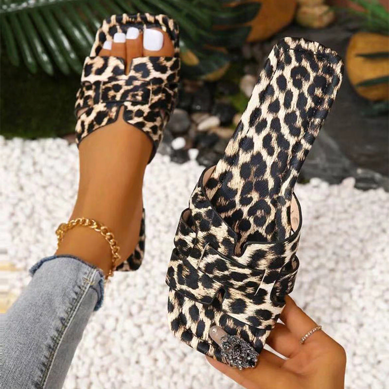 Summer New Plus Size Leopard Print Square Toe Women's Slipper Simple Casual Suitable For Daily Wear PU Sandals