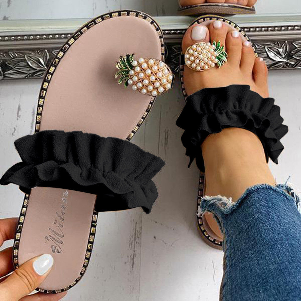 European And American Set Toe Lace Pineapple Flat Large Size Sandals And Slippers Women