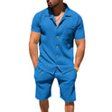 Men's Lapel Cardigan Shorts 2 Pieces Suit Summer Solid Color Vertical Stripes Short Sleeve Shorts