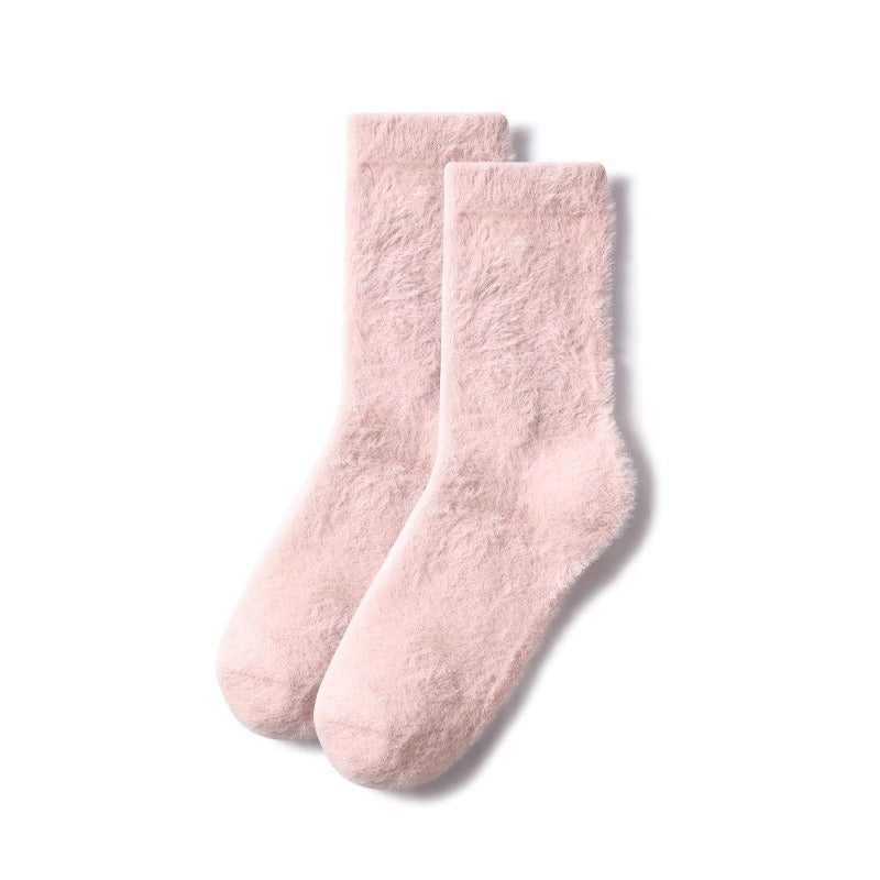 Solid Color Mink Fur Fleece-lined Thick Mid-calf Length Socks