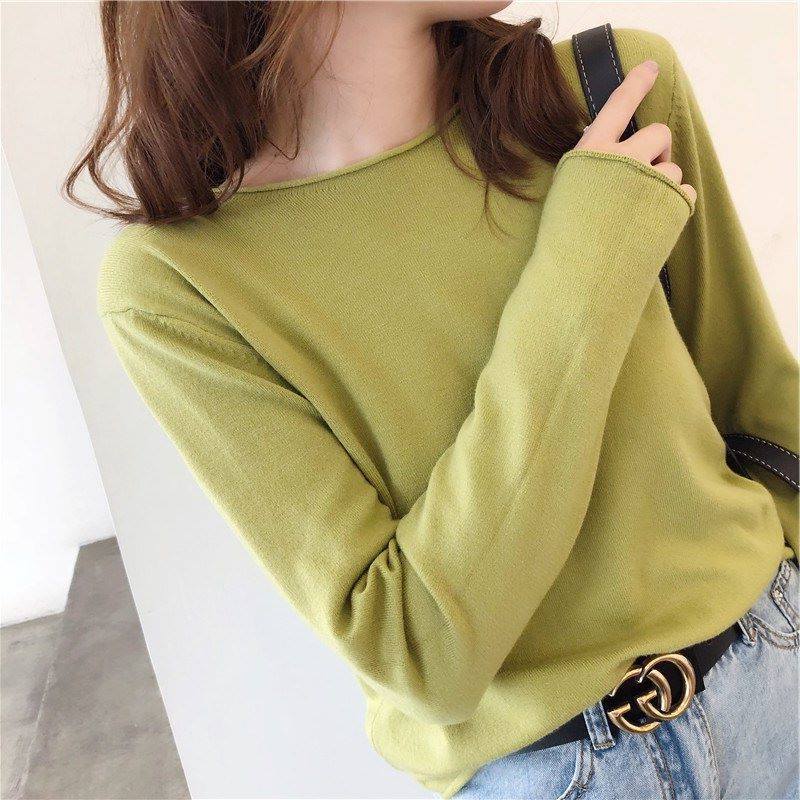 Women's Fashion V-neck Knit Thin Long-sleeved Top T-shirt