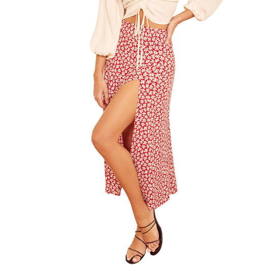 Floral Leopard Print High Waist Stretch Slit Long Skirt