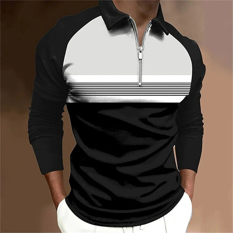 Men's Polo Shirt Long Sleeve Color Matching Zipper T-shirt Top