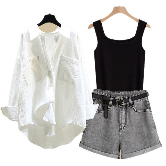 Fried Street Shirt Vest With Temperament Shorts Three-piece Set