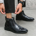 Men's Crocodile Pattern Boots Fashion Pointed Toe Low Square Heel Buckle Zipper Ankle Boots Business Formal Leather Shoes