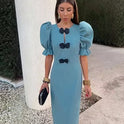 Fashion Solid Color Puff Sleeve Bow Dress